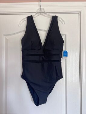 Lands’ End Ribbed Black One-Piece Swimsuit with Wide Waistband